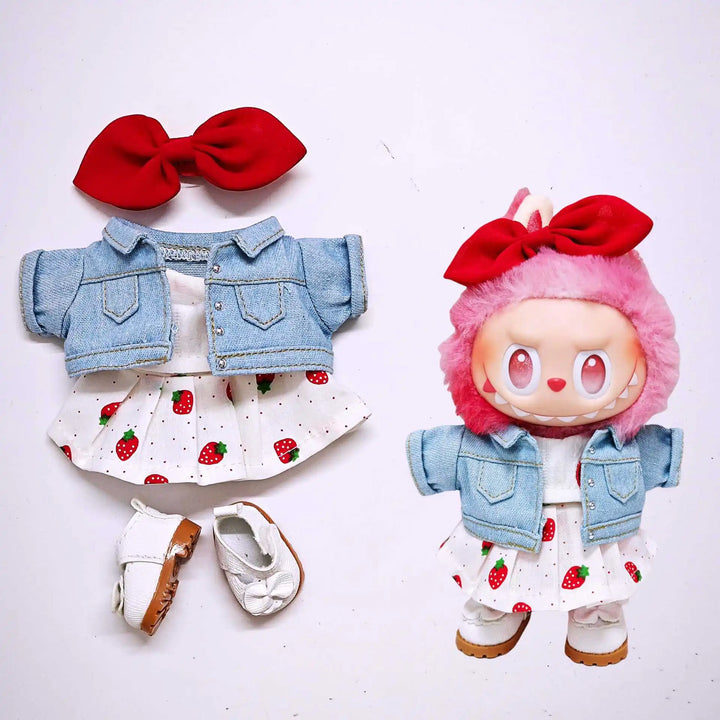 Labubu Doll Clothes Set Strawberry Dress Denim Jacket Colorful Headphones & Shoes Cute Plush Outfits for 1-3 Gen