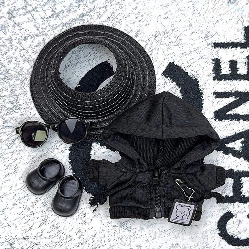 17cm Labubu Doll Clothes 1st/2nd/3rd Gen Fit Mr. Black Bear Hoodie Set with Hat & Sunglasses Plush Toy Outfits Halloween Decor