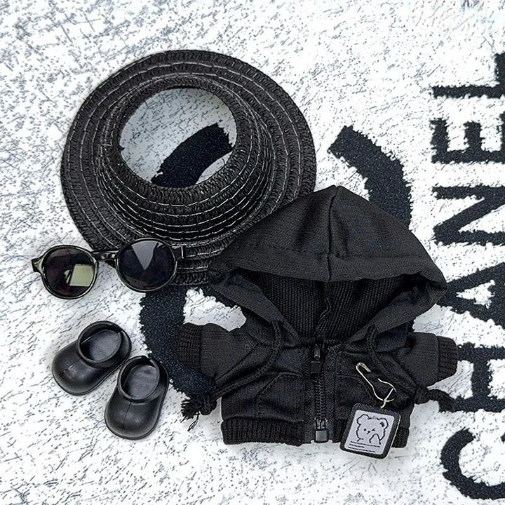 17cm Labubu Doll Clothes 1st/2nd/3rd Gen Fit Mr. Black Bear Hoodie Set with Hat & Sunglasses Plush Toy Outfits Halloween Decor