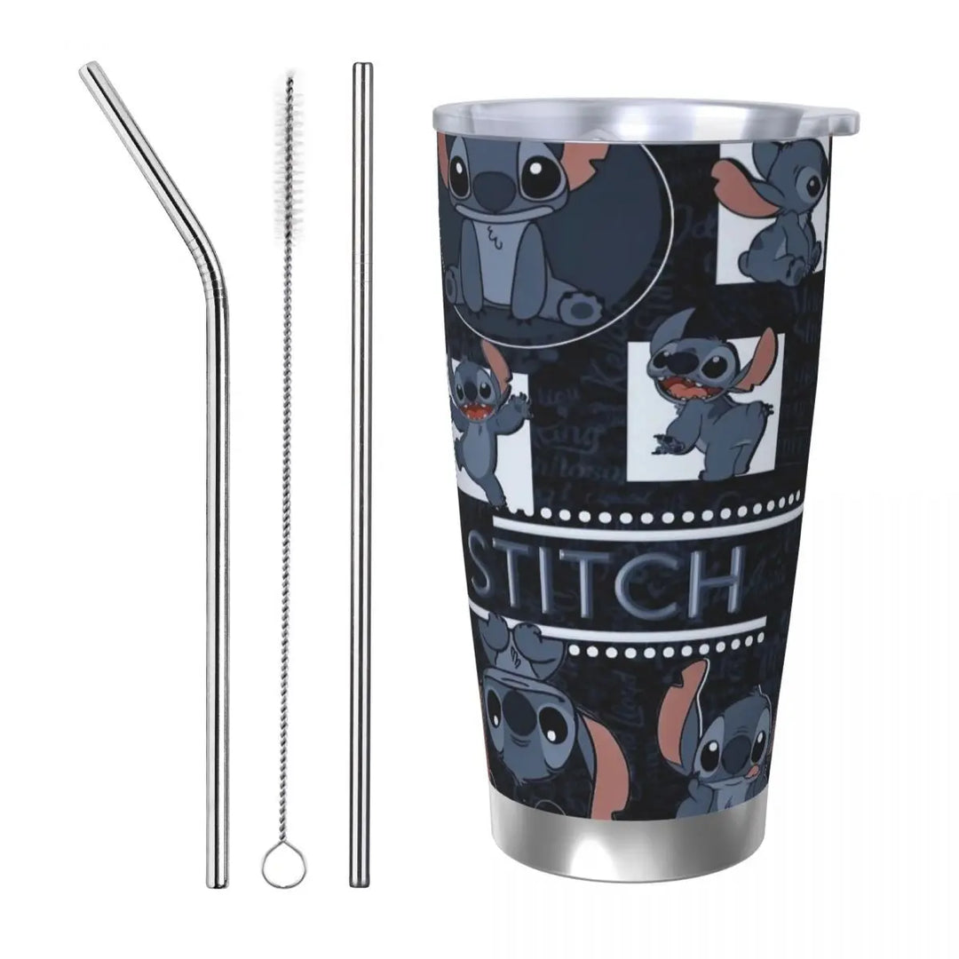 Cartoon Kawaii Stitch Insulated Tumbler with Lid Stainless Steel Thermal Mug Office Home Car Bottle Cup, 20oz