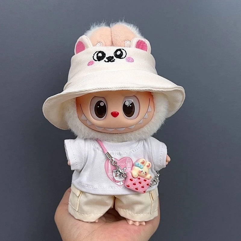 17cm Labubu 1-3 Gen Doll Outfits Cute White T-Shirt + Cargo Pants Set with Colorful Hat Universal Clothes for Labubu Dolls