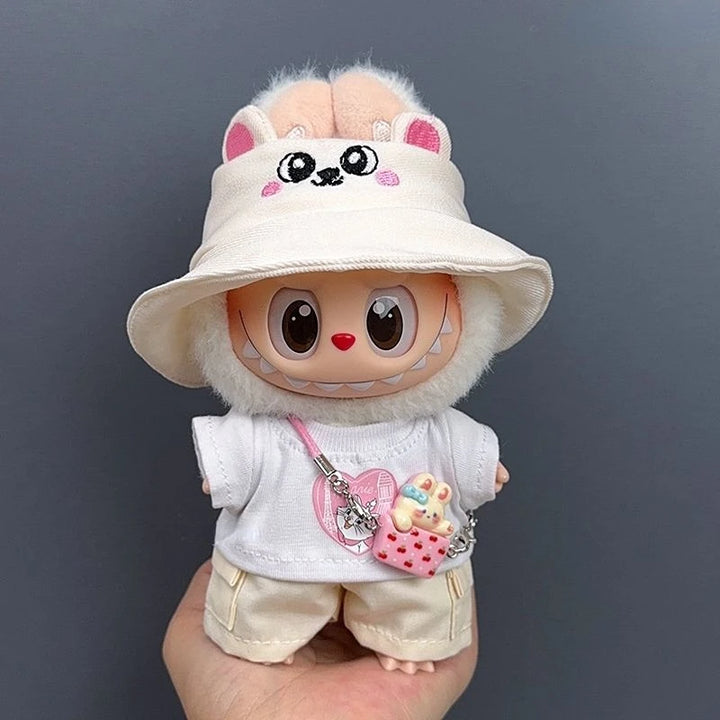17cm Labubu 1-3 Gen Doll Outfits Cute White T-Shirt + Cargo Pants Set with Colorful Hat Universal Clothes for Labubu Dolls