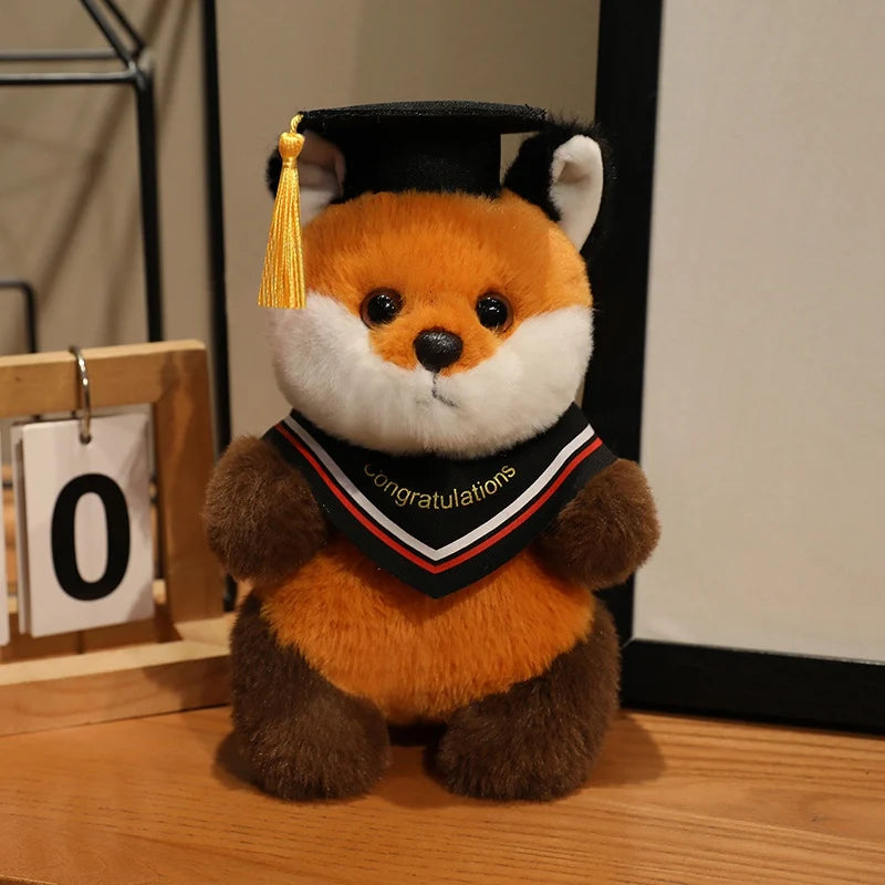 20cm Fluffy Fox Graduation Stuffed Animal Doctorate Bachelor Panda Plush Toys In Cap Gown Wearing Ribbons Souvenir Gifts Plushie