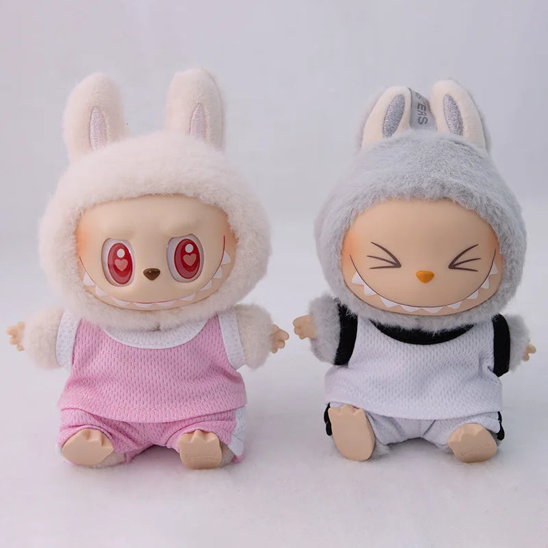 15/17cm Labubu Basketball Jersey Set Vinyl Doll Clothes with Hoop Charm Sitting Party Sports Theme Plush Dress-Up Toy Outfit