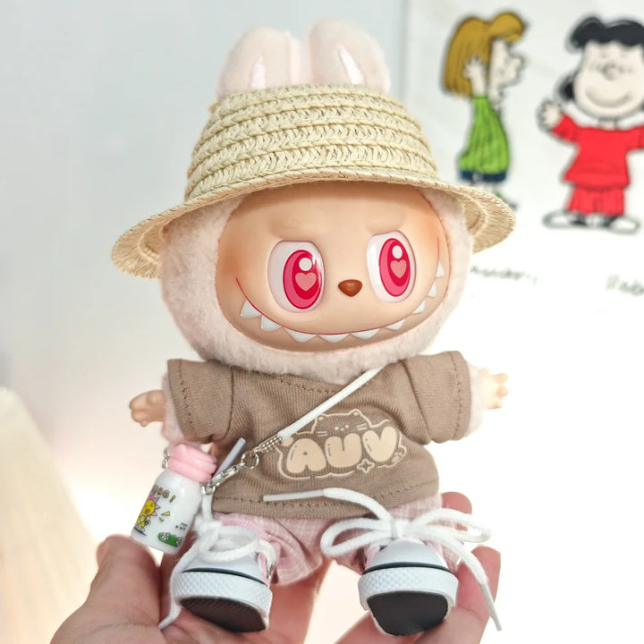 15cm/17cm Labubu Doll Clothing Sitting Party First And Second Generation Summer Straw Hat Short Sleeve Pants Set Accessories