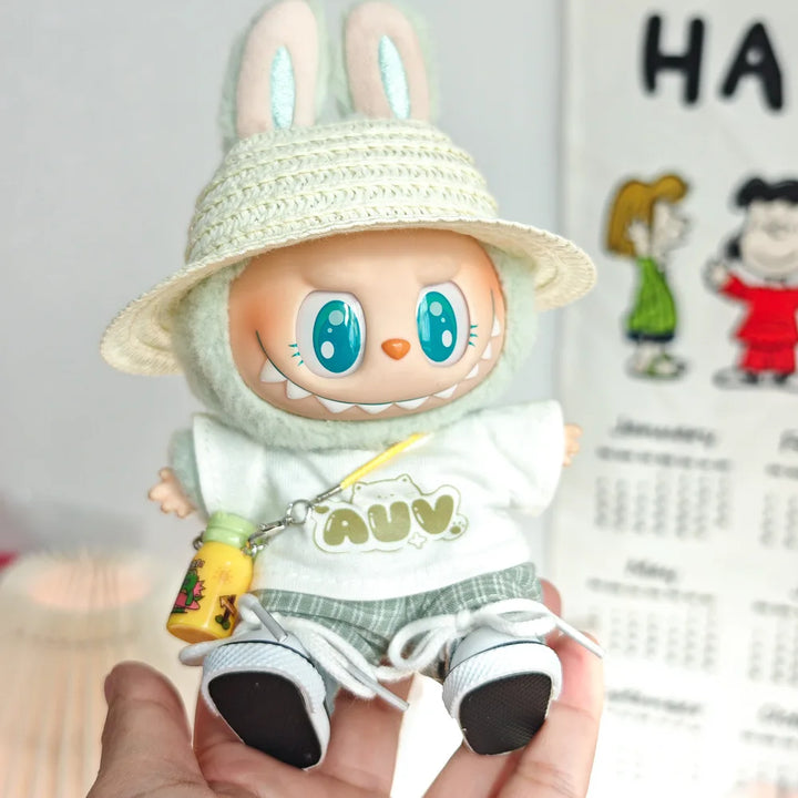 15cm/17cm Labubu Doll Clothing Sitting Party First And Second Generation Summer Straw Hat Short Sleeve Pants Set Accessories