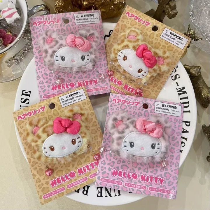 Sanrio Leopard Print Plush Hairpin Hello Kitty Hair Clip Lady Bangs Side Barrette latte KT cat Girls Headwear Hair Accessories