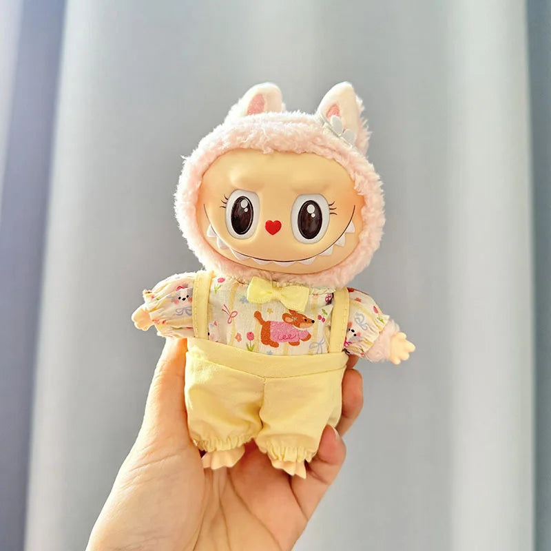 15cm/17cm Labubu Doll Clothing Sitting Party Doll Changing Small Animal Yellow Flower Skirt Strap Pants Couple Dress DIY Gift