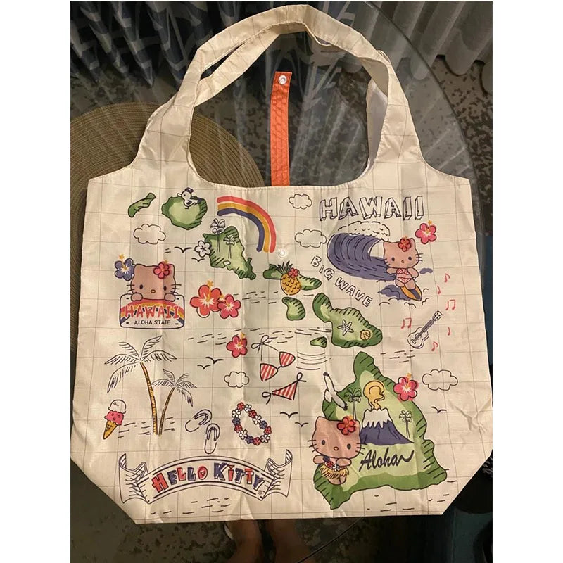 Sanrio Hellokitty Hawaiian Shopping Bag Cartoon Cute Storage Bag Collapsible Handbag Student Shoulder Bag Lunch Bag Shopping Bag