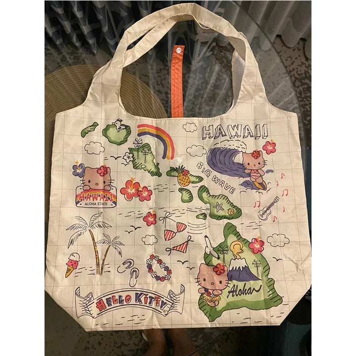 Sanrio Hellokitty Hawaiian Shopping Bag Cartoon Cute Storage Bag Collapsible Handbag Student Shoulder Bag Lunch Bag Shopping Bag