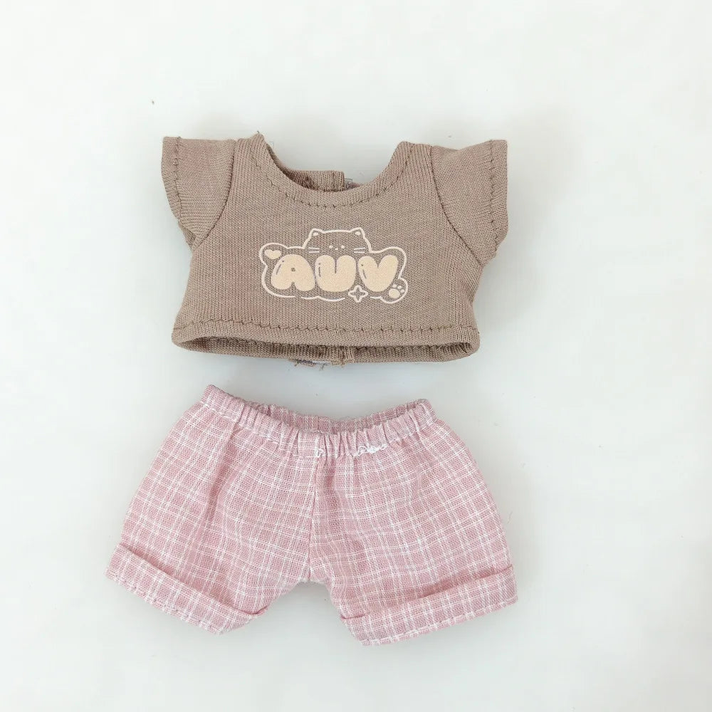 15cm/17cm Labubu Doll Clothing Sitting Party First And Second Generation Summer Straw Hat Short Sleeve Pants Set Accessories