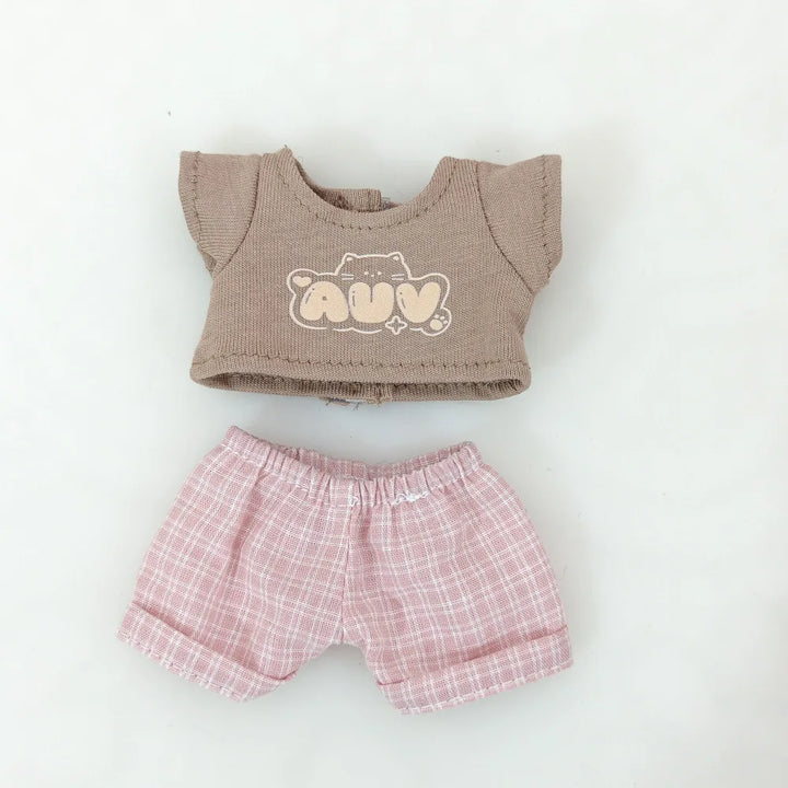 15cm/17cm Labubu Doll Clothing Sitting Party First And Second Generation Summer Straw Hat Short Sleeve Pants Set Accessories