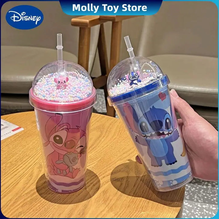 450ML Disney Lilo & Stitch Angel Couple Cartoon Double Layer Plastic Water Cup Drink Straw Mugs Portable Gift for Boy Girl Gift