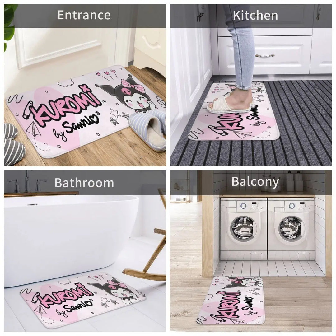 Kawaii Happy Kuromi Cartoon Bathroom Rugs Mat Extra Soft and Absorbent Bath Rugs Mats Carpet Non-Slip for Kitchen Shower