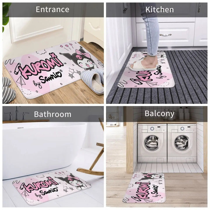 Kawaii Happy Kuromi Cartoon Bathroom Rugs Mat Extra Soft and Absorbent Bath Rugs Mats Carpet Non-Slip for Kitchen Shower