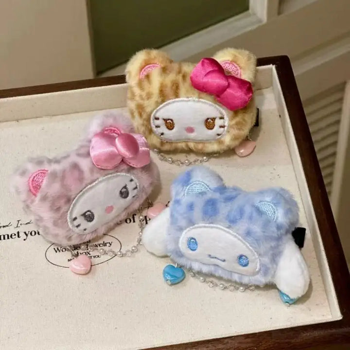 Sanrio Hello Kitty Cinnamoroll Leopard Print Plush Hairpin Cartoon Bangs Side Clip Kawaii Versatile Accessories Birthday Gifts