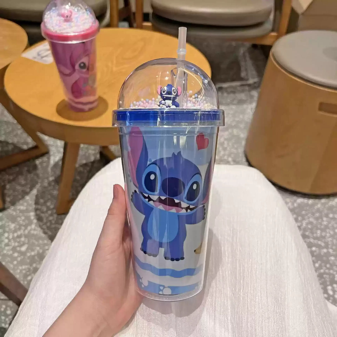 450ML Disney Lilo & Stitch Angel Couple Cartoon Double Layer Plastic Water Cup Drink Straw Mugs Portable Gift for Boy Girl Gift