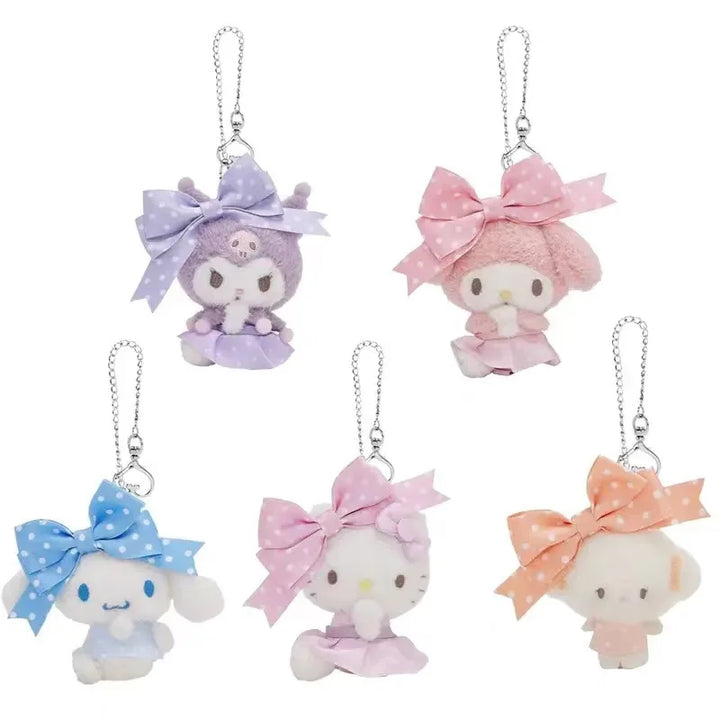 Kawaii Sanrio Cinnamoroll Hello Kitty Polka Bow Series Kuromi Corocorokuririn Plush Backpack Pendant Decorative Keychain Gifts
