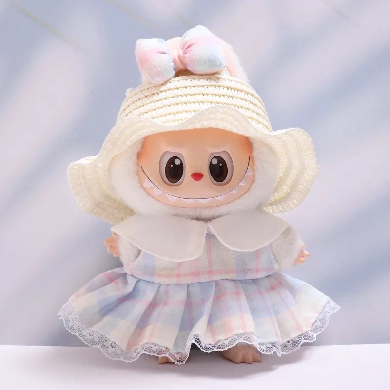 Labubu Doll Clothes Candy-colored Dress & Straw Hat Set 15/17cm Plush Doll'S Clothes Labubu I II III Idol Dolls Accessories