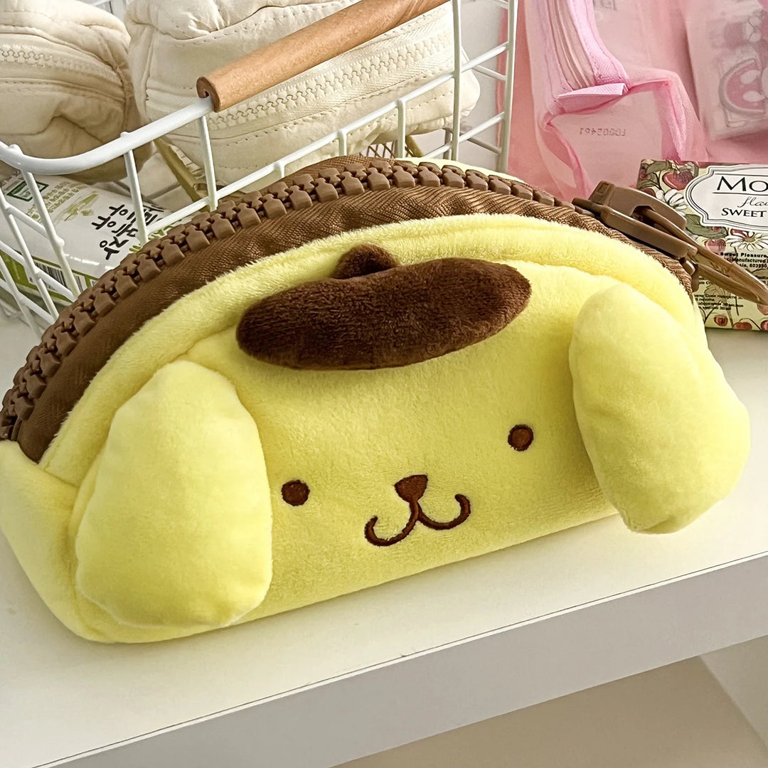 Sanrio Pom Pom Purin Cartoon Plush Toys Kawaii Large Zippered Pencil Case Students High Capacity Stationery Storage Bag Gifts