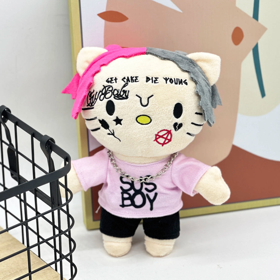 24cm LIL PEEP Hello Kitty Plush Anime Doll with Pink Clothes Necklace Stuffed Soft Plush Toys Cute Boys Girls Birthday Gift