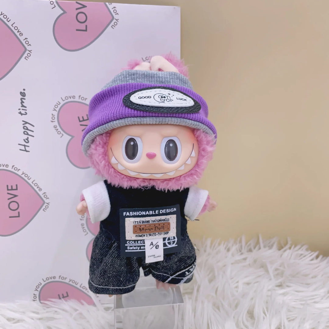Labubu Doll Clothes Cool Headband Denim Suit For 15-17cm Ropa 3.0 Labubu V1 V2 V3 Clothes Sitting Party Accessories