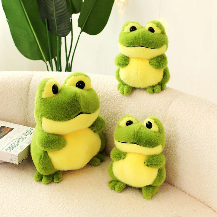 Kawaii Green Frog Plush Toys Fluffy Lying Frog Stuffed Animal Black Eyes Big Mouth Smiling Chubby Frog Soft Dolls Fun Gifts