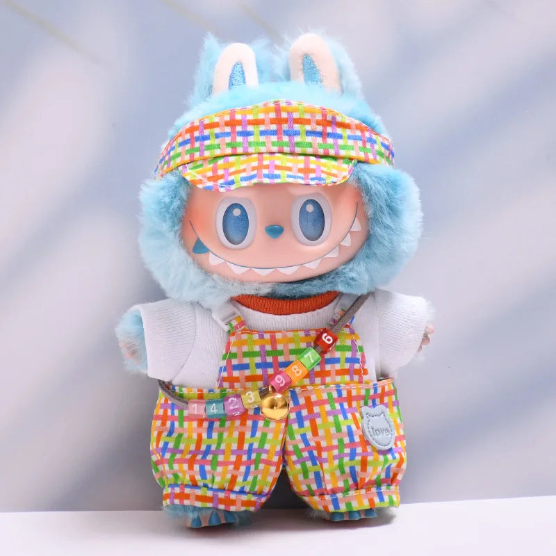 Rainbow Dopamine-Style Overall & Hat Set 15/17cm Plush Doll'S Clothes Labubu I II Idol Dolls Sitting Party Accessories Kids Gift