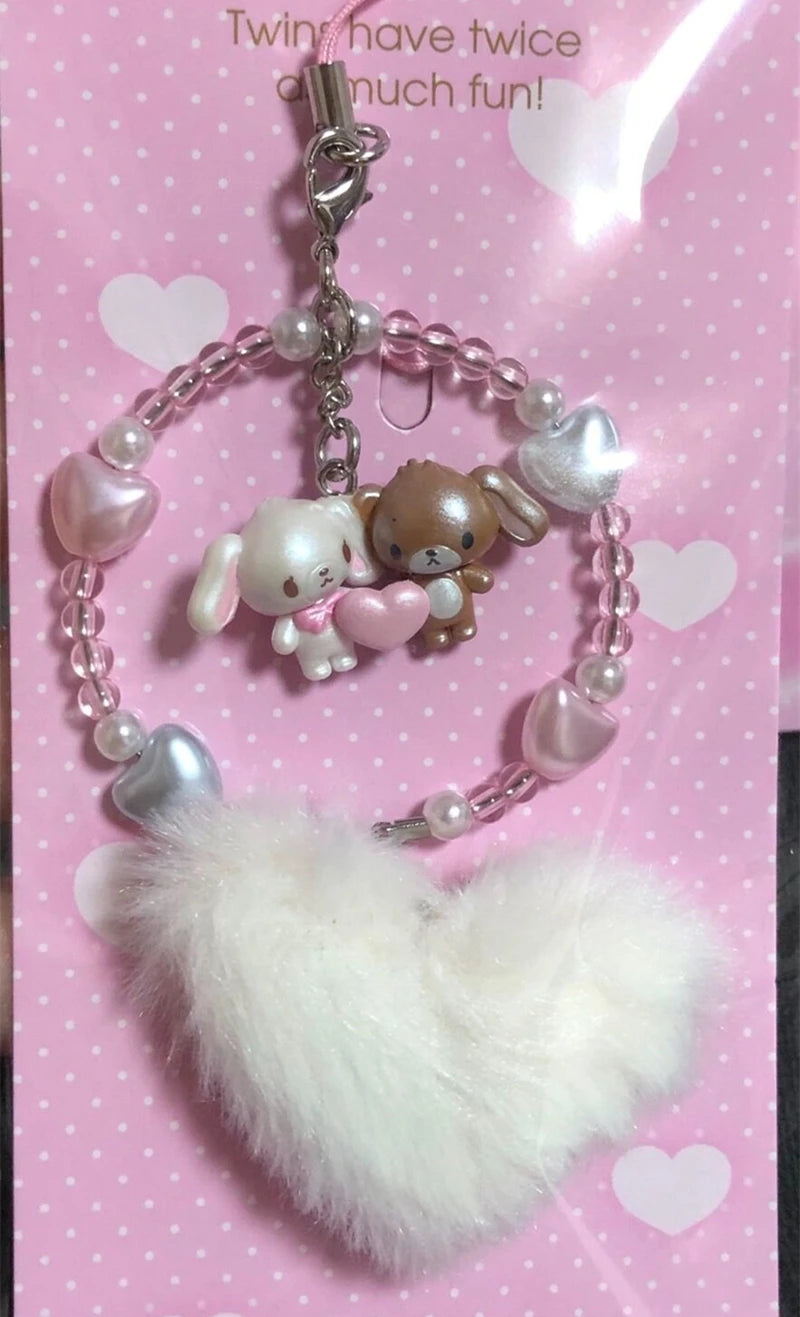 Sugarbunnies Strap Phone Keychain Fluffy Heart Shirousa Kurousa Bunny Cute Kawaii Keychains Mascot Keyholder Small Gift