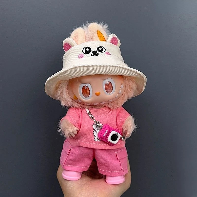 Labubu 1-3 Gen 17cm Plush Doll Outfits | Cute Pink T-Shirt + Pants Set with Hat | Soft Toy Clothes for Labubu Accessories