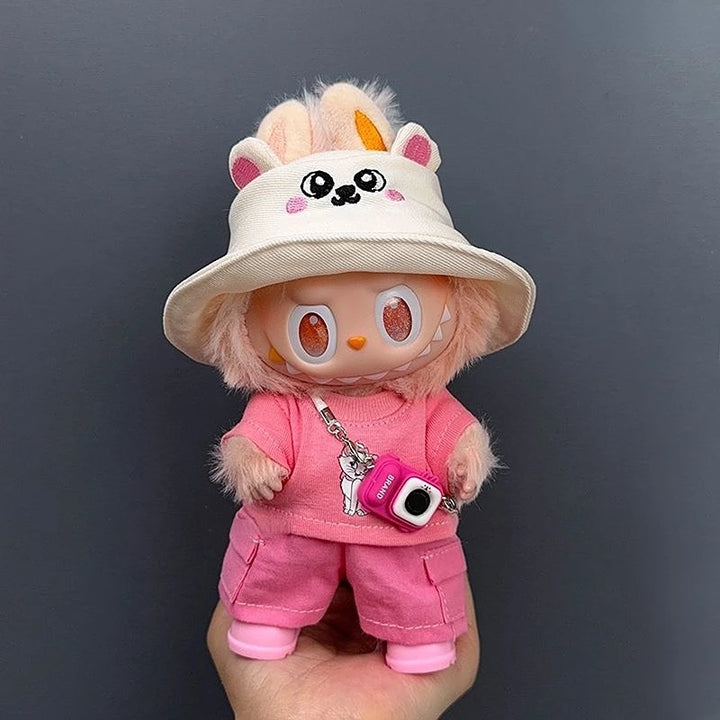 Labubu 1-3 Gen 17cm Plush Doll Outfits | Cute Pink T-Shirt + Pants Set with Hat | Soft Toy Clothes for Labubu Accessories