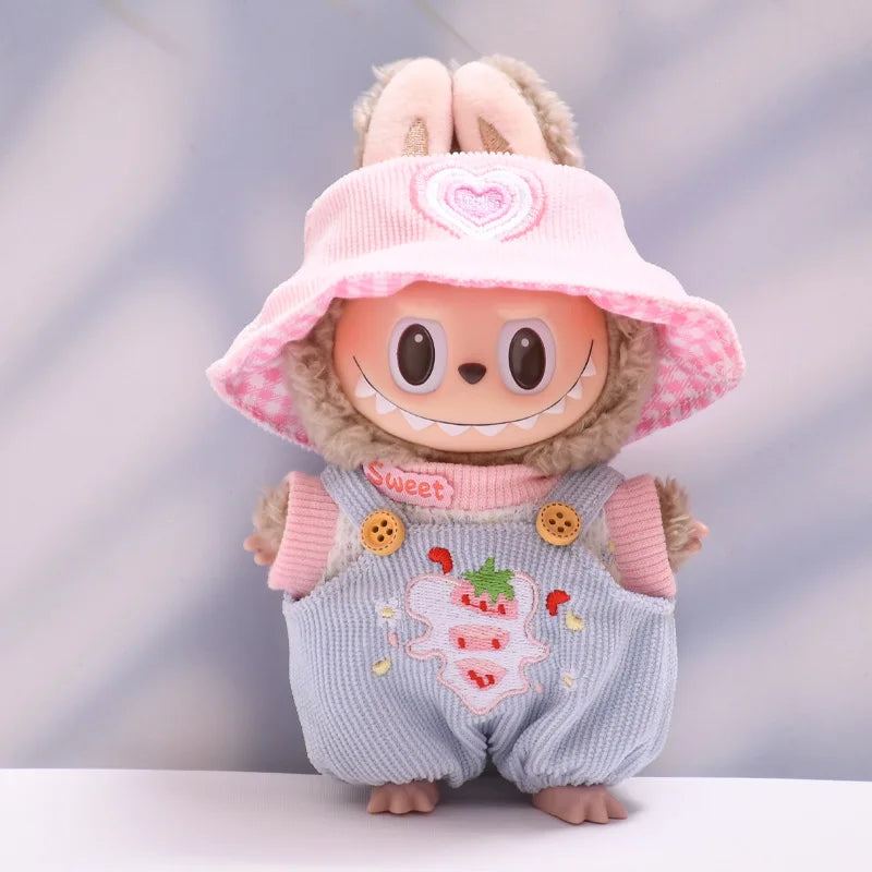 Clothes For Labubu Dolls Labubu Accessories 1st 2nd 3rd Gen Strawberry Bib Pants Hat Set Accessories