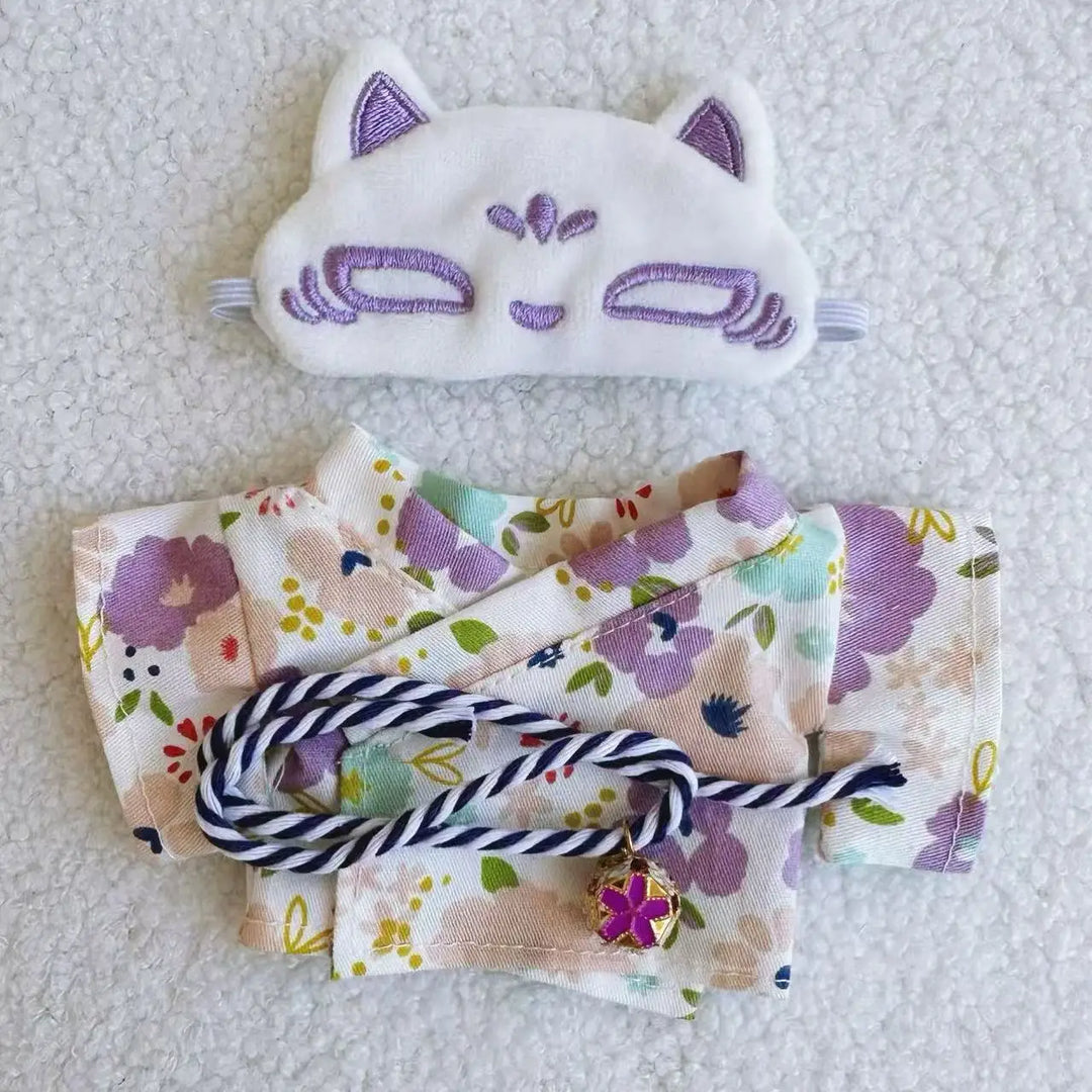 17cm Vinyl Plush Doll Clothes Labubu Pendant Floral Kimono with Fox-Patterned Eye Mask Labubu V1/V2/V3 Clothes Accessories