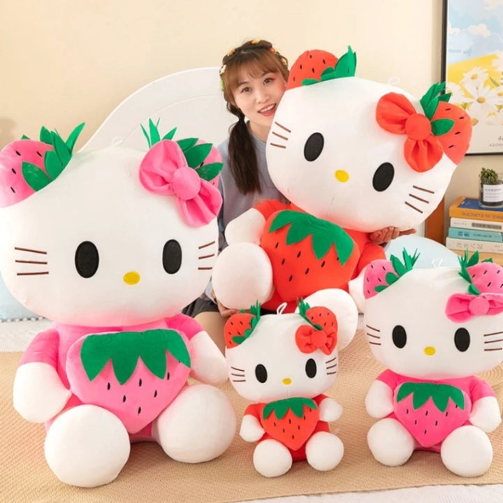 Cute KT Cat Plush Toys Kawaii Strawberry KT Cat Plush Doll Soft Stuffed Cartoon Cute Doll Pillow Birthday Gift for Girls