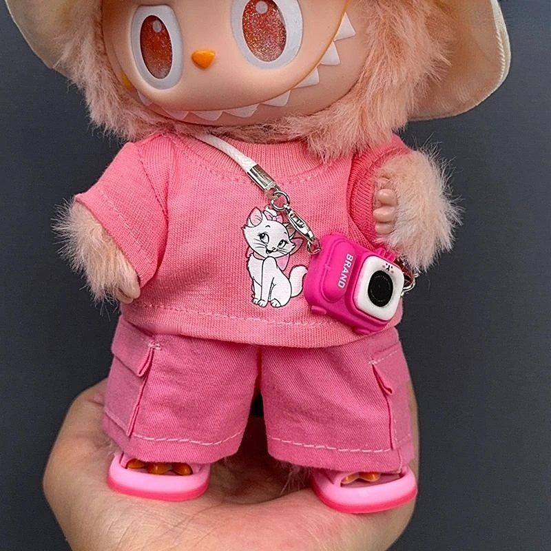 Labubu 1-3 Gen 17cm Plush Doll Outfits | Cute Pink T-Shirt + Pants Set with Hat | Soft Toy Clothes for Labubu Accessories
