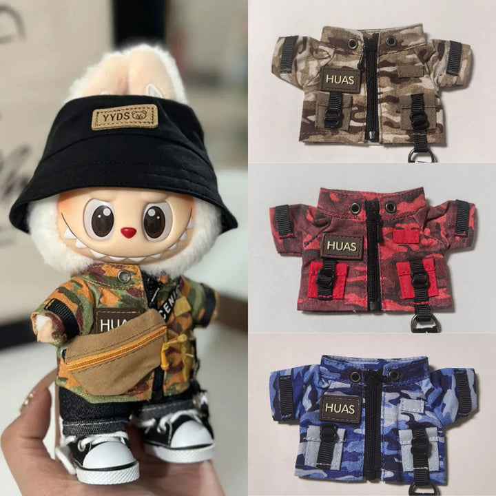 15/17cm Labubu Clothes Trendy Fisherman Hat Camouflage Suit Kawaii Mini V1 V2 V3 Labubu Clothing Plush Doll Accessories Gift