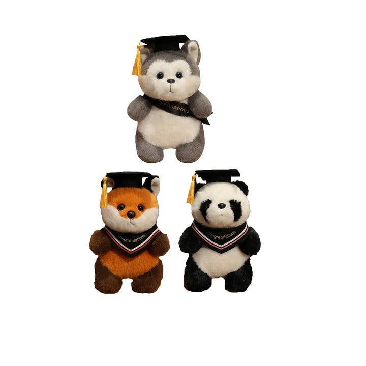 20cm Fluffy Fox Graduation Stuffed Animal Doctorate Bachelor Panda Plush Toys In Cap Gown Wearing Ribbons Souvenir Gifts Plushie