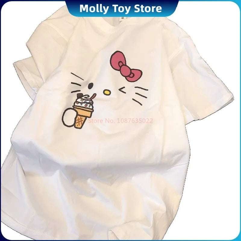 Kawaii Hello Kitty Pajamas Summer Pure Cotton Cardigan Short Sleeve Shorts Suit Cartoon Cute Home Clothes Gift