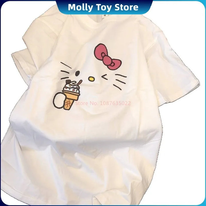 Kawaii Hello Kitty Pajamas Summer Pure Cotton Cardigan Short Sleeve Shorts Suit Cartoon Cute Home Clothes Gift