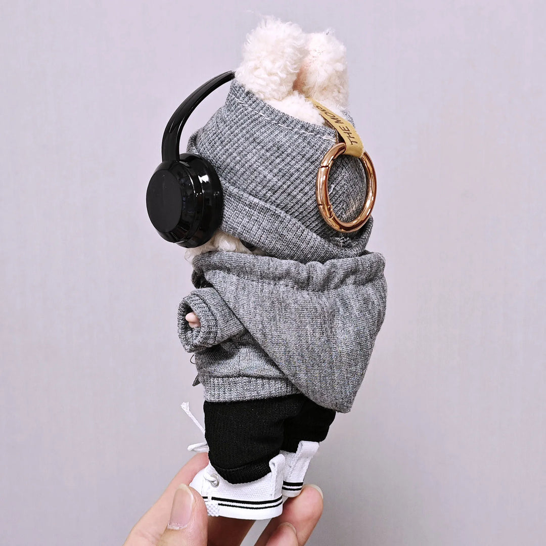 15cm/17cm Labubu Universal Hoodie Set Gray Trendy Outfit with Camera Glasses Headphones & Canvas Shoes Series 1-3 Compatible