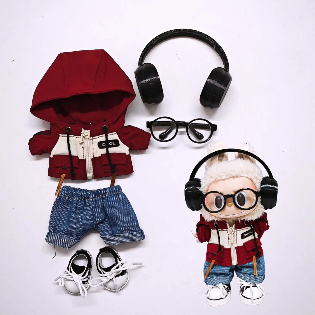 Clothes for 1st/2nd/3rd Gen Labubu Outfits Army Green Hoodie Set with Colorful Headphones Canvas Shoes & Glasses Doll Clothes
