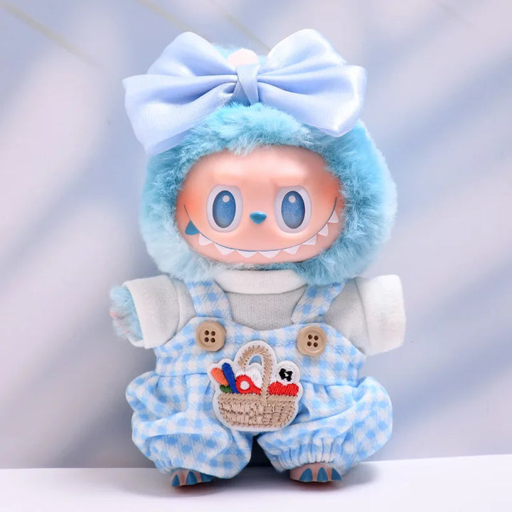 Labubu Doll Clothes Blue Plaid Overalls with Bow 15/17cm Plush Doll'S Clothes Labubu I II Idol Dolls Sitting Party Accessories