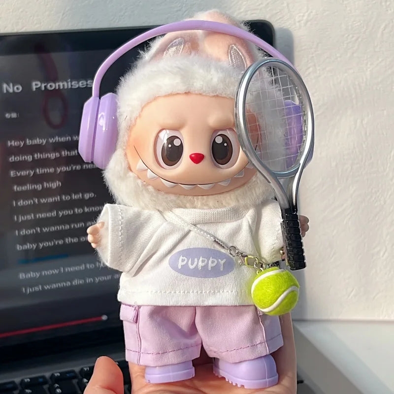 Labubu 1-3 Gen Outfits Purple/Pink T-Shirt Cargo Pants Set Tennis Bag Racket Purple Shoes/Headphones Labubu Doll Accessories