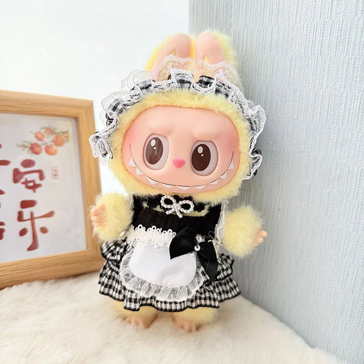 17cm Labubu Idol Doll Plush Doll Checkered Black Yarn Maid Dress JK Skirt Clothing Accessories Korean Kpop Exo Girl Gift