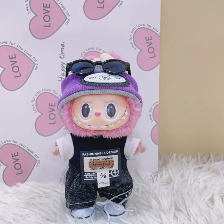 Labubu Doll Clothes Cool Headband Denim Suit For 15-17cm Ropa 3.0 Labubu V1 V2 V3 Clothes Sitting Party Accessories