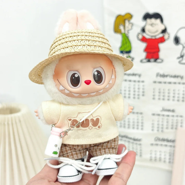15cm/17cm Labubu Doll Clothing Sitting Party First And Second Generation Summer Straw Hat Short Sleeve Pants Set Accessories
