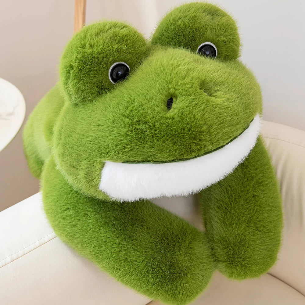 Kawaii Green Frog Plush Toys Fluffy Lying Frog Stuffed Animal Black Eyes Big Mouth Smiling Chubby Frog Soft Dolls Fun Gifts