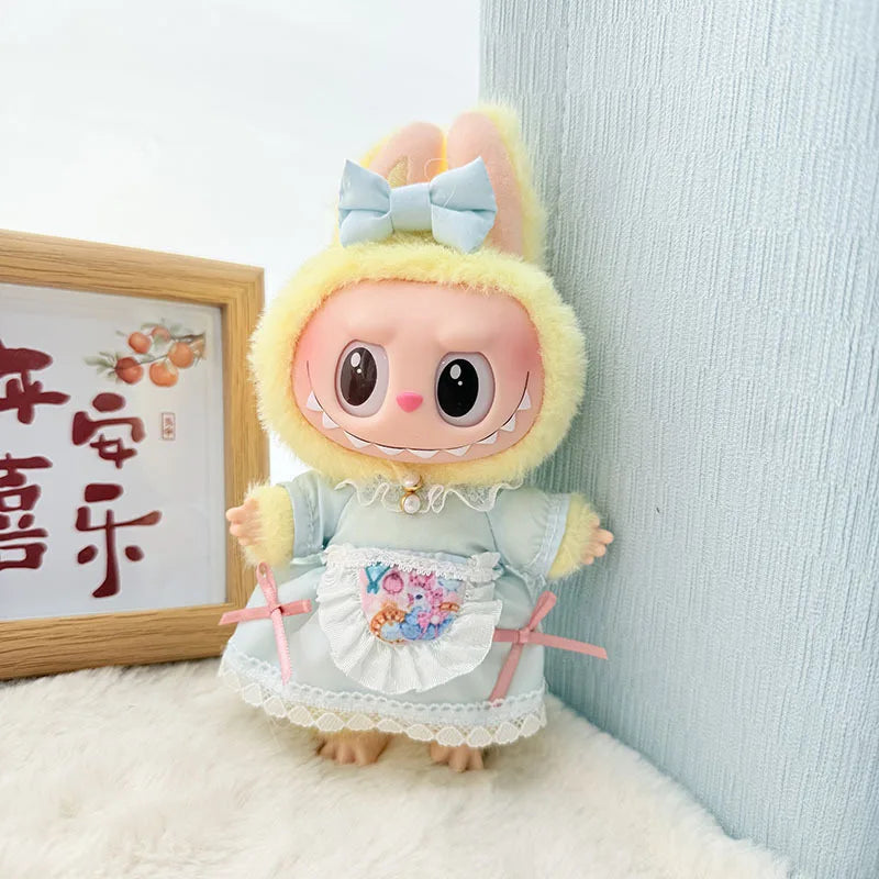 17cm Labubu Idol Doll Plush Doll Checkered Black Yarn Maid Dress JK Skirt Clothing Accessories Korean Kpop Exo Girl Gift