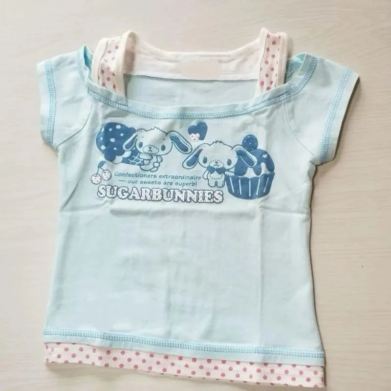 Kawaii Sugarbunnies Y2k Clothing Summer Kawaii Fake Two T-Shirts Japanese Subculture Printed Tees Sweet Cute Harajuku Crop Tops