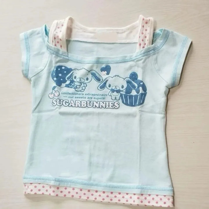Kawaii Sugarbunnies Y2k Clothing Summer Kawaii Fake Two T-Shirts Japanese Subculture Printed Tees Sweet Cute Harajuku Crop Tops